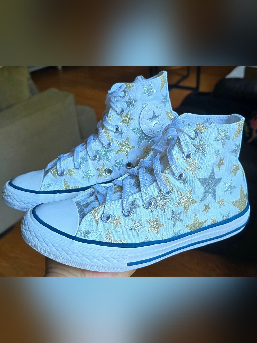 Sz 2 Little Girl's CONVERSE CTAS HI 'White/Silver/Gold' Glitter Star Casual Shoe